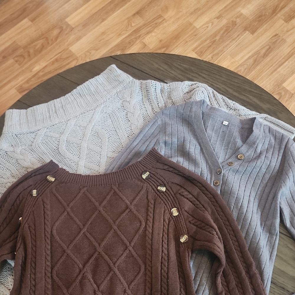Women's Cable Knit Sweater(3) - Grey, Cream and Brown